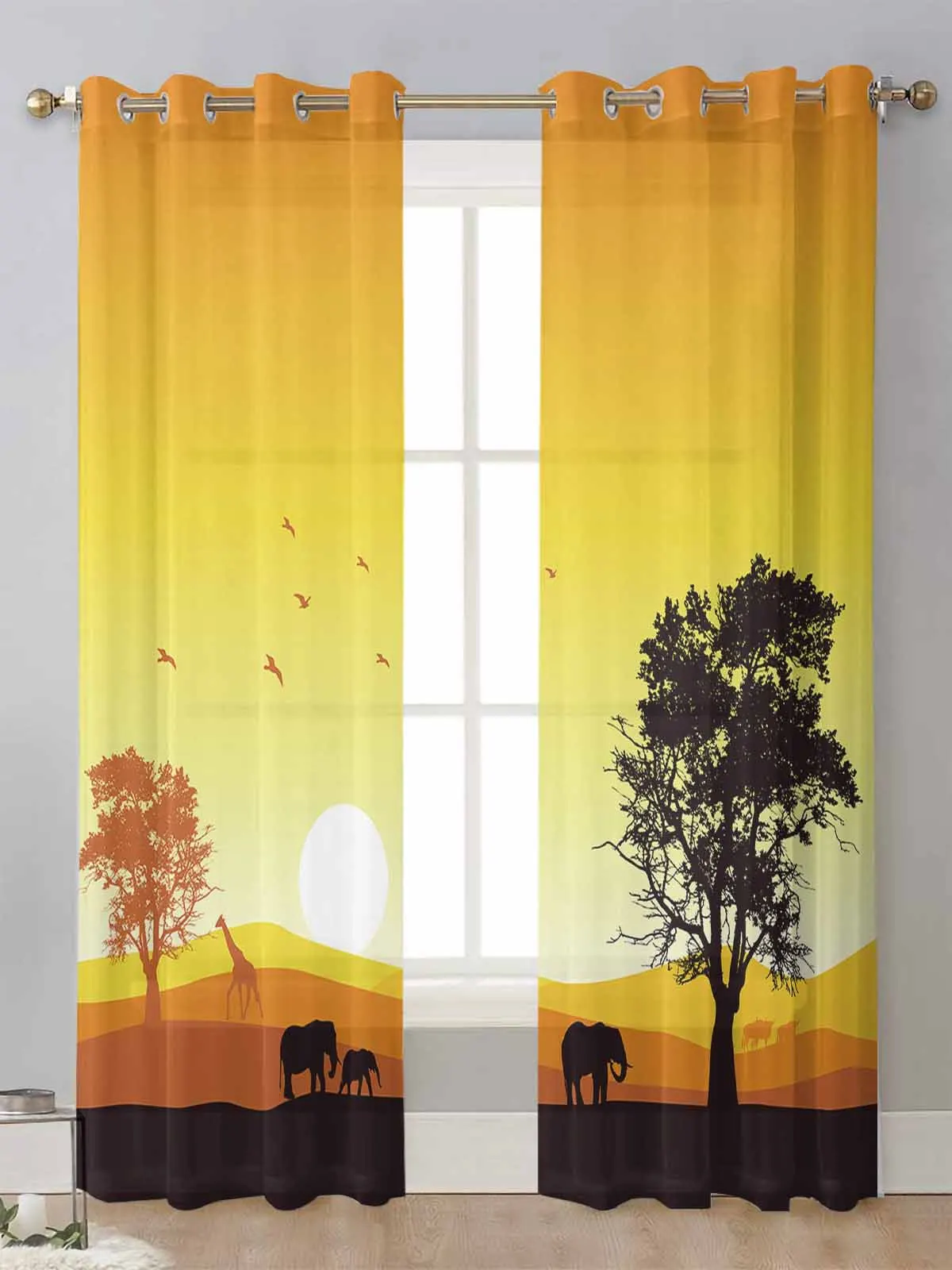 

African Sunset Landscape Elephant Giraffe Silhouette Sheer Curtains Living Room Window Voile Tulle Curtain Drapes Home Decor