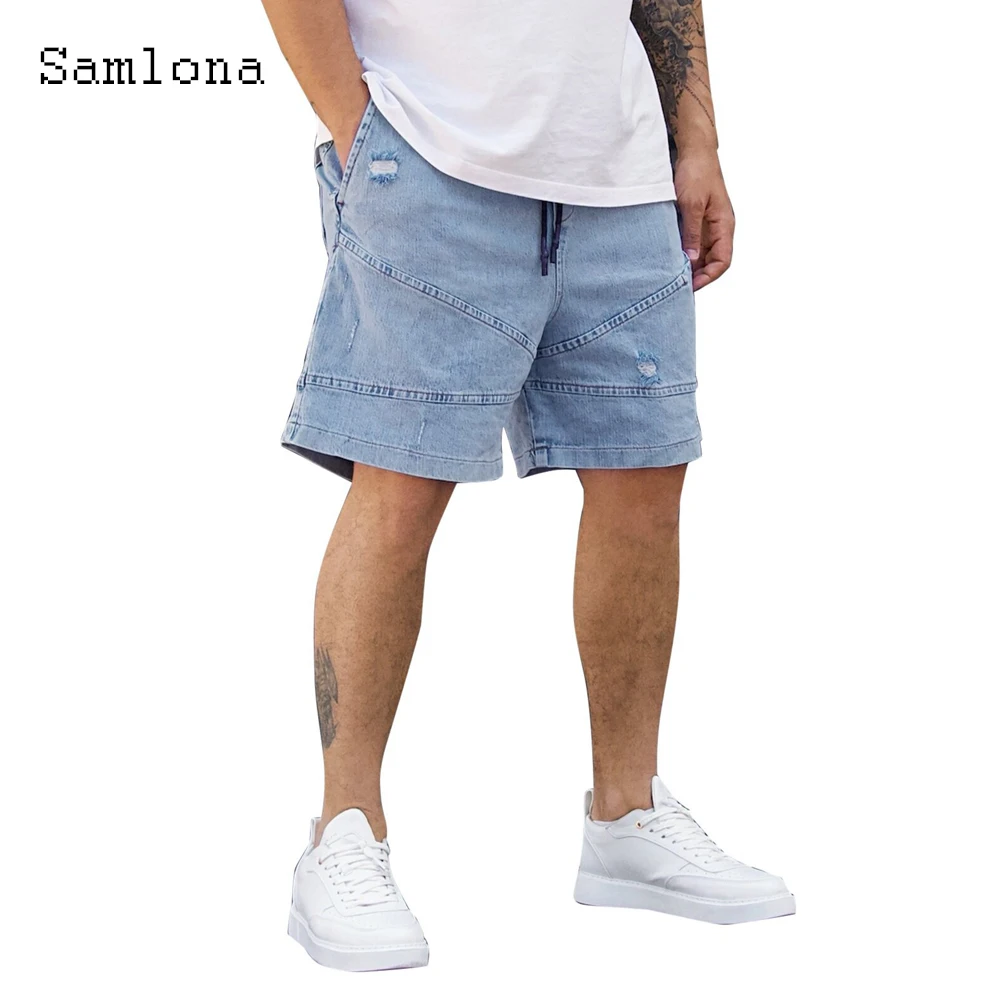 Men Fashion Demin Shorts Mid Waist Stand Pockets Denim Bottom Loose Vintage Hole Ripped Short Jeans Male Summer Cargo Half Pants