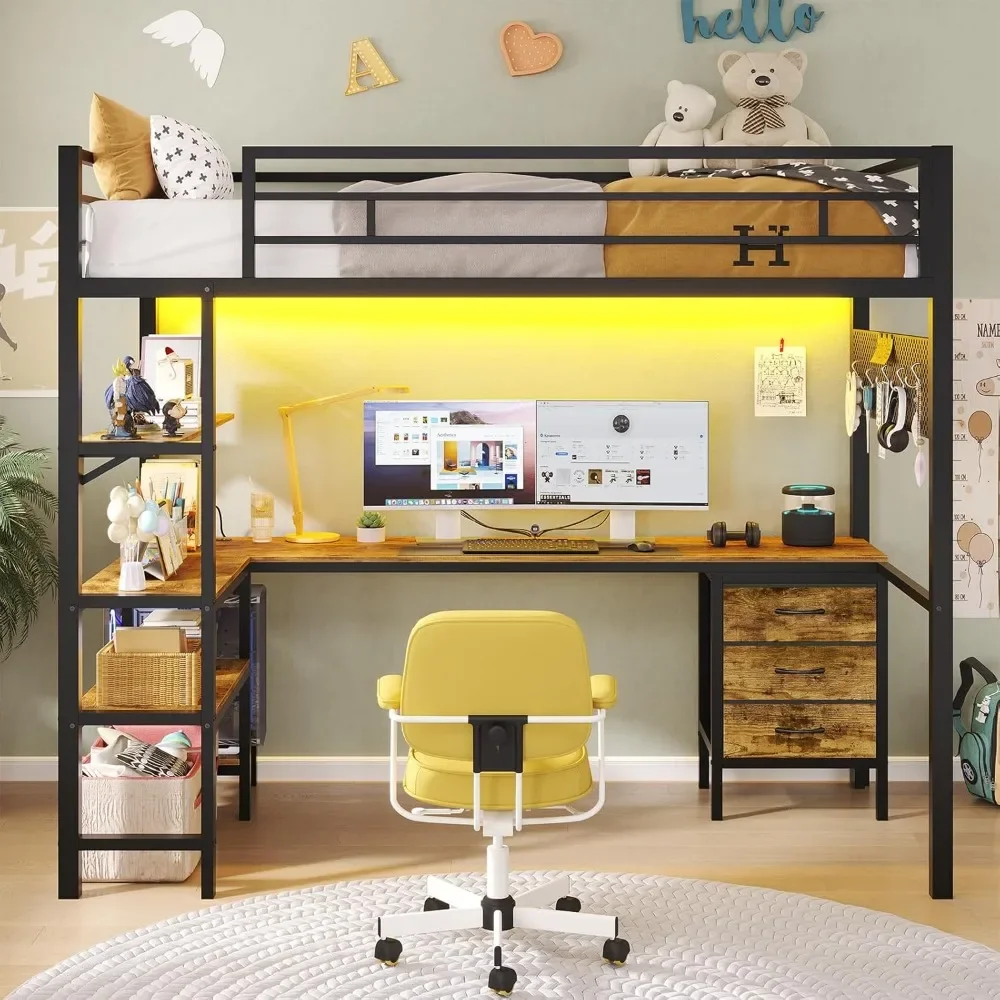 Loft Bed Twin Size with L-Shaped Desk, LED Lights,Charging Station,Twin Metal Loft Bed with Desk, Fabric Drawers & Shelves 6