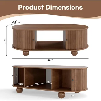 Oval Coffee Table with Storage 47.3 Mid Century Modern Coffee Tables with Sliding Tambour Doors Wood Fluted Accent Center Table 2