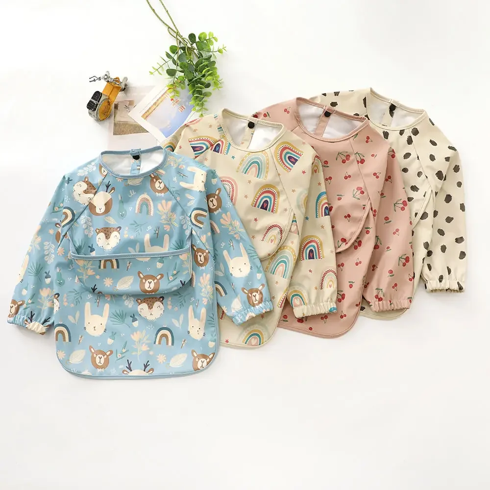 Feeding Bib Baby Bib Long Sleeved Children's Smocked Clothing Crumb Catcher Unisex Toddler Waterproof Smock Apron with Pocket