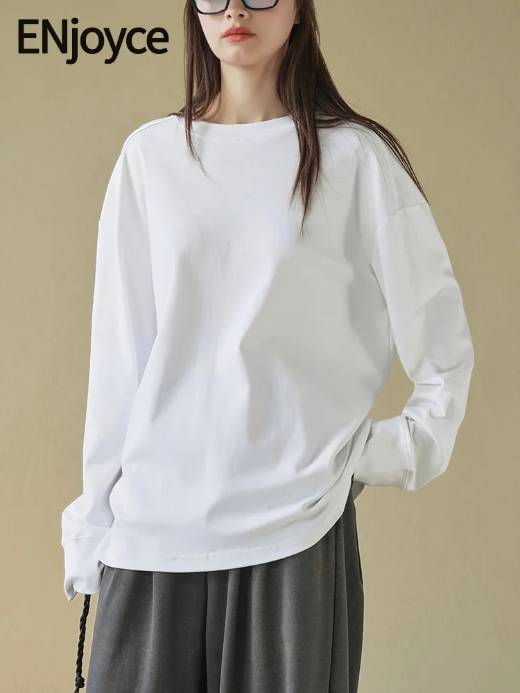 

ENjoyce 2024 Spring Women Korean Fashon Casual Round Neck Cotton T-Shirts Street Style Clothes Long Sleeve Pullovers Tee Top