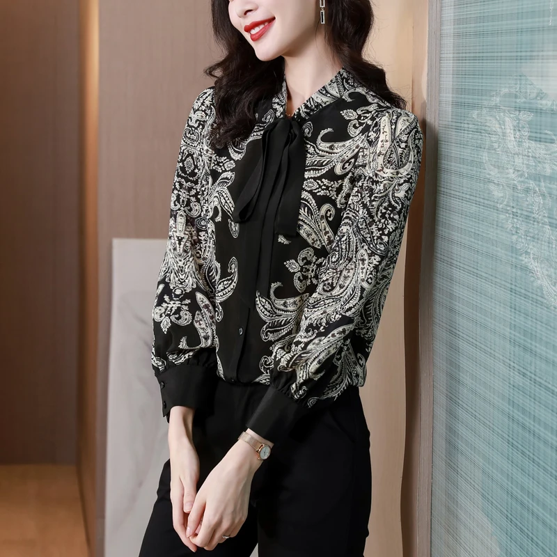 

Retro Silk Satin Blouse Spring Autumn Bowknot Women shirt 2022 New Stand Collar Long Sleeve Printed OL Tops