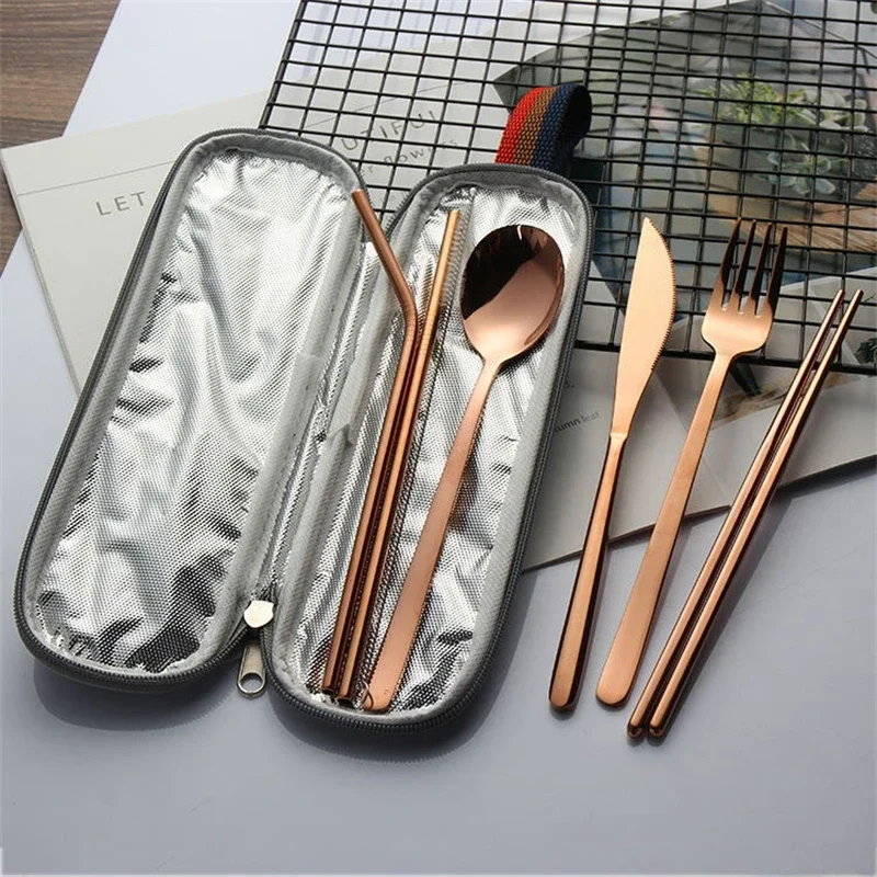 7PCS/Set Cutlery Spoon Fork Chopsticks Juice Straw Lunch Tableware With Bag Brush Stainless Steel Dinnerware Kitchen Accessories picnic cutlery set western style cutlery set picnic tableware camping cutlery set stainless steel cutlery set cutlery set wooden cutlery set ceramic dinnerware set