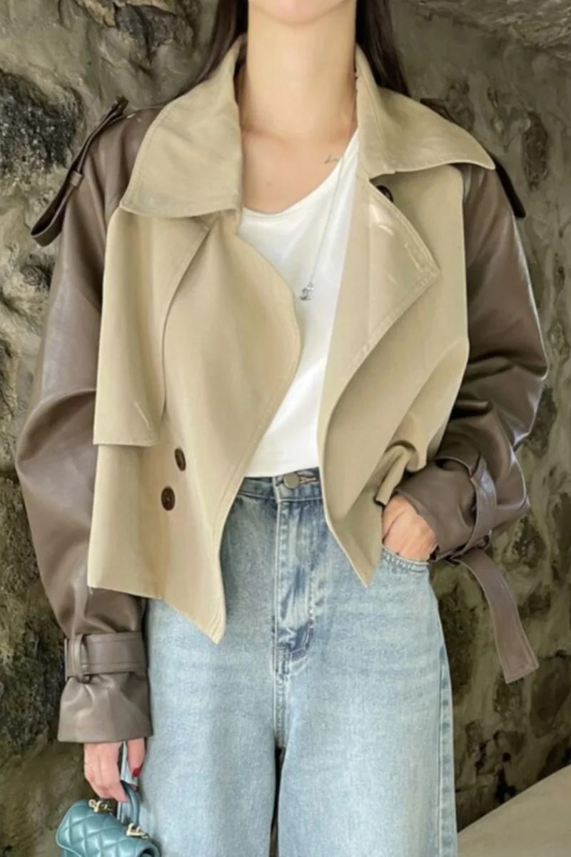 

South Korea chic autumn niche temperament suit collar double breasted color splicing PU long sleeve short trench coat woman