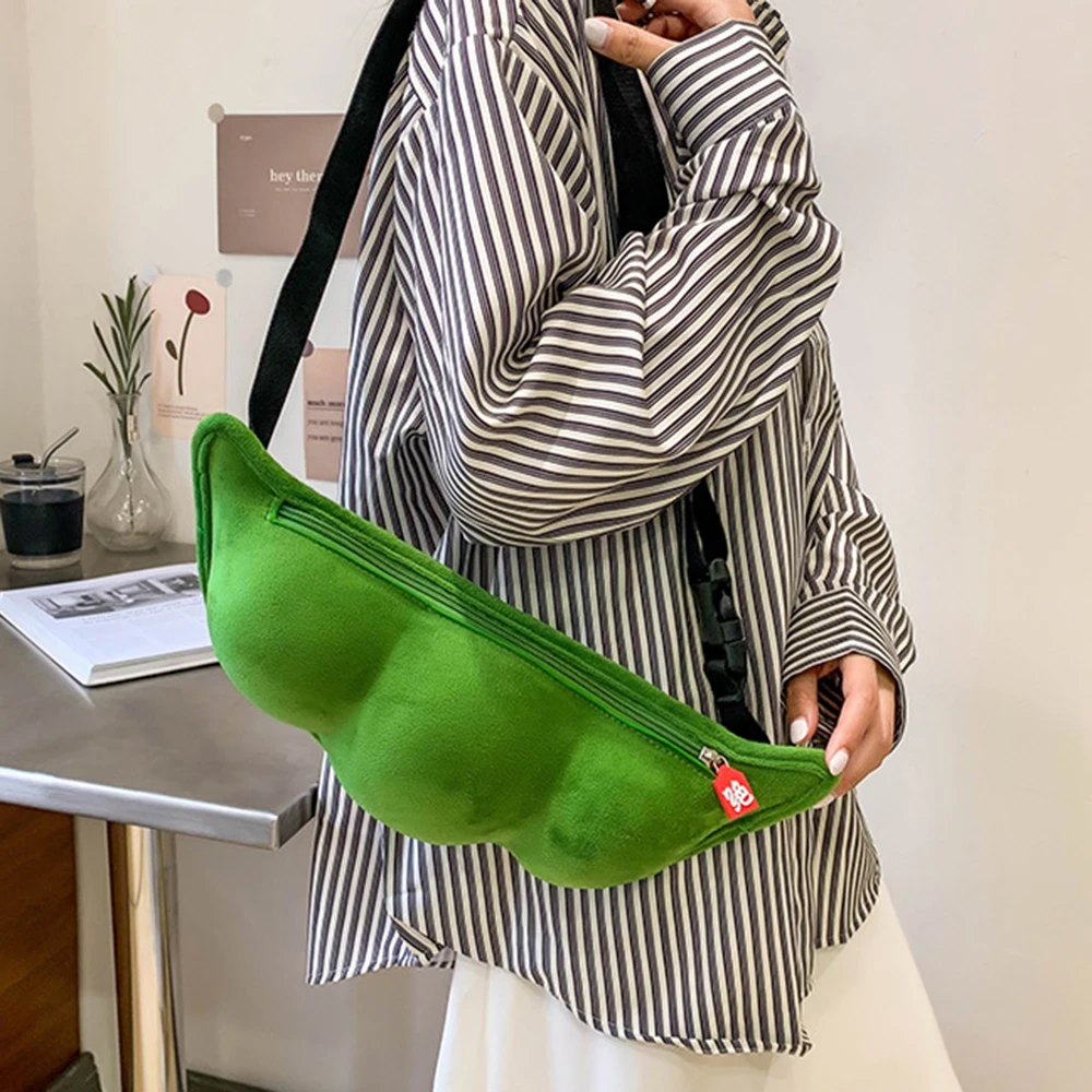 

Woman Personality Messenger Bag Creative Green Edamame Shape Ladies Cute Plush Pea Shoulder Bag Funny Chest Bag New Trendy