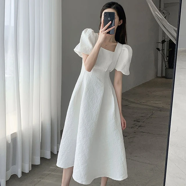 French White Hem Swing Dresses for Women Summer Square Neck Elegant Robe  Short Puff Sleeve Jacquard Female Slim Fit Long Dress - AliExpress