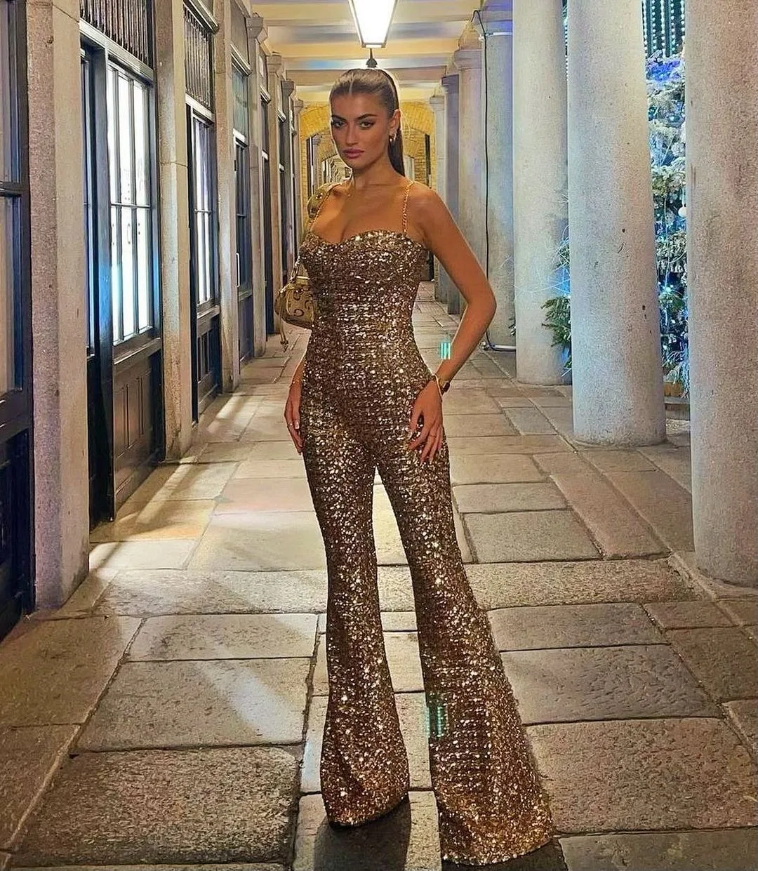 Sexy Sequined Spaghetti Strap Long Bodycon Jumpsuit Pencil Skinny Rompers Sleeveless Celebrity Evening Runway Club Jumpsuit