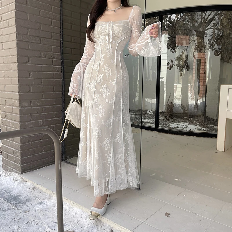 Women's Sexy Style Double Layer Lace Square Neck Dress A-Line Dress Long Skirt Fairy Style JY23681DG
