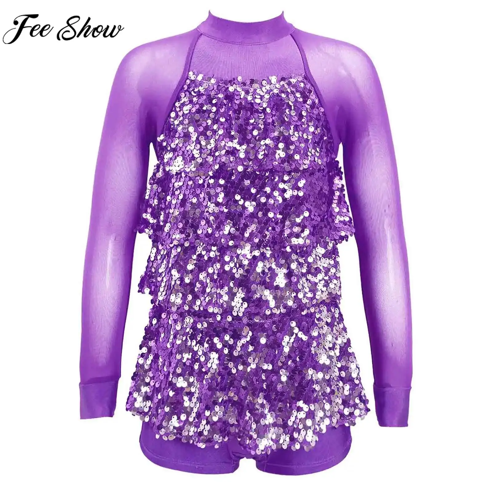 

Children Girls Ballet Gymnastics Figure Skating Jazz Dance Dress Long Sleeve Sheer Mesh Sequin Leotard Performance Dancewear