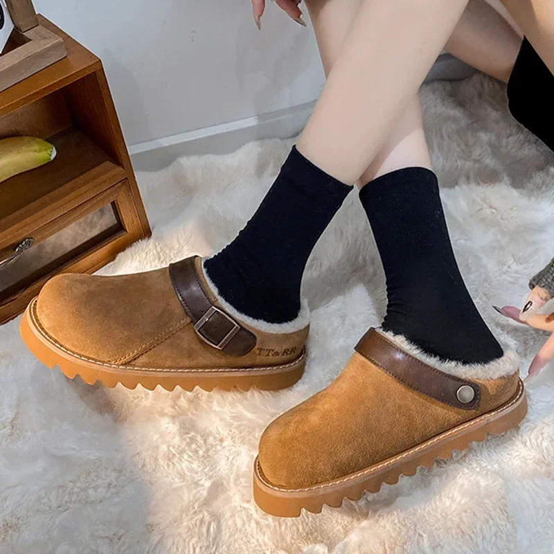 Fur Women Flats Slippers Platform Warm Walking Shoes 2023 Trend Winter New Short Plush Cotton Mules Shoes Home Fad Flip Flops
