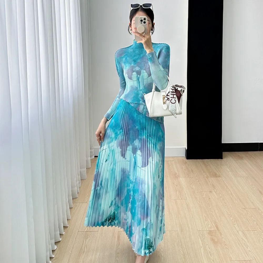 

Miyake Stand-up Collar Long-sleeved Printed Suit Women 2023 Fall New High-end Pleated Commuting Blouse Long Skirt Two-piece Set