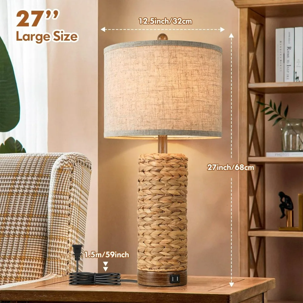Set of 2 Rattan Table Lamps for Living Room with 2 USB Ports, 27in Tall Bedroom Lamp ,  E26 Socket&Rotary Switch, No Bulb 2