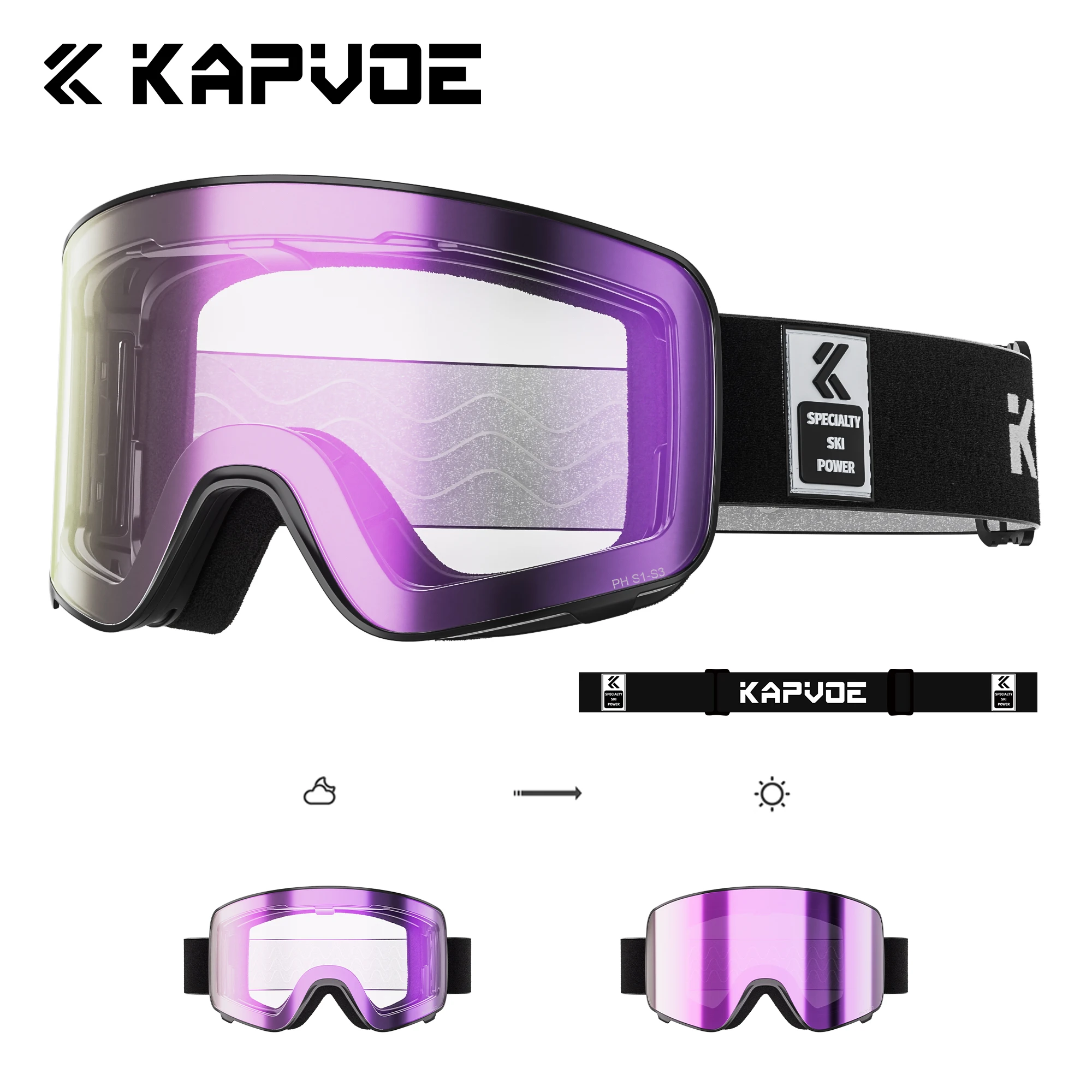 Kapvoe Photochromic Snow Goggles Ski Magnetic Anti-Fog Lenses UV400 Protection Men Women Ski Goggles Sunglasses Sports Eyewear