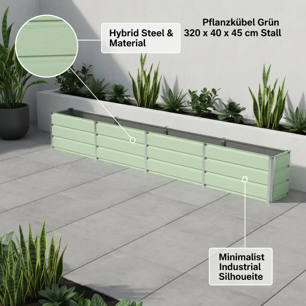 Grüne Stahlpflanzbox 320x40x45 cm für Innen- und Außenbereich, große lange Pflanzbox im Industriedesign für den Garten – Detail 3