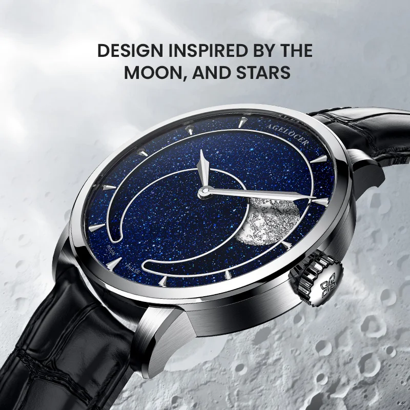AGELOCER Original Astronomer Watch Blue Aventurine Dial Men's Luxury Automatic Mechanical Moon Phase Watch Birthday Gift for Men 2