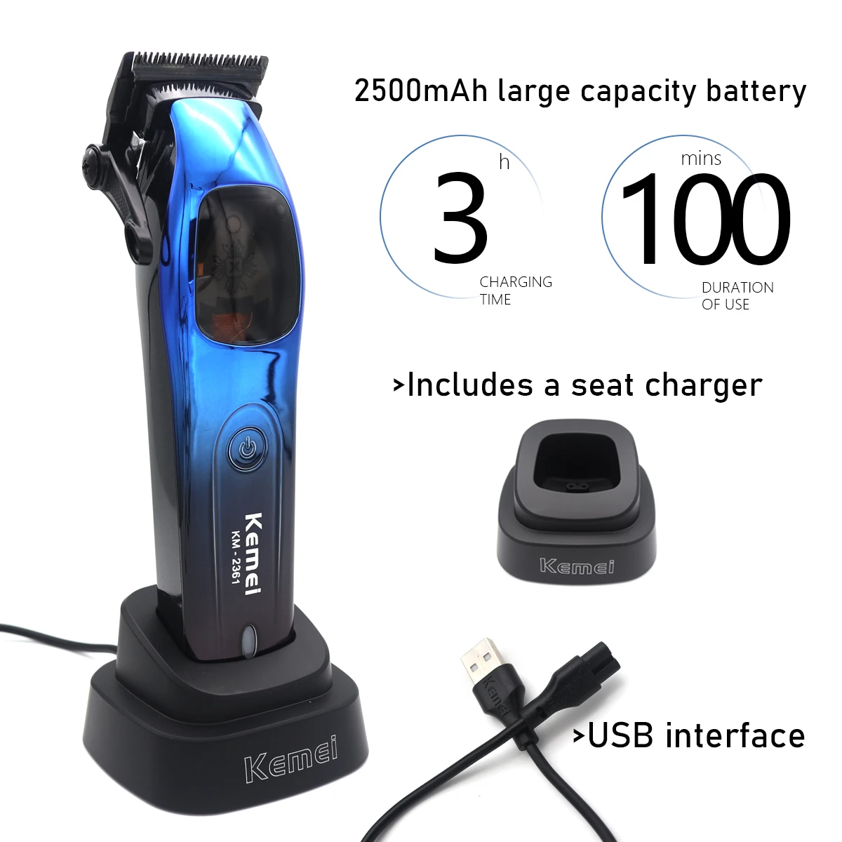 2361 10000RPM Professional Men's Clipper Magnetic Motor DLC Blade with Base Charger Trimmer Hair Cutting hine_voghion.com