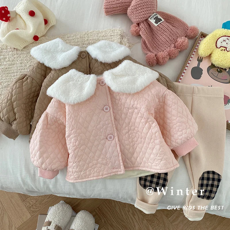 

Winter Toddler Girl Cotton-padded Jacket Coat Kids Clothes Baby Girl Plaid Fur Doll Collar Jacket Children Outerwear Parka Tops