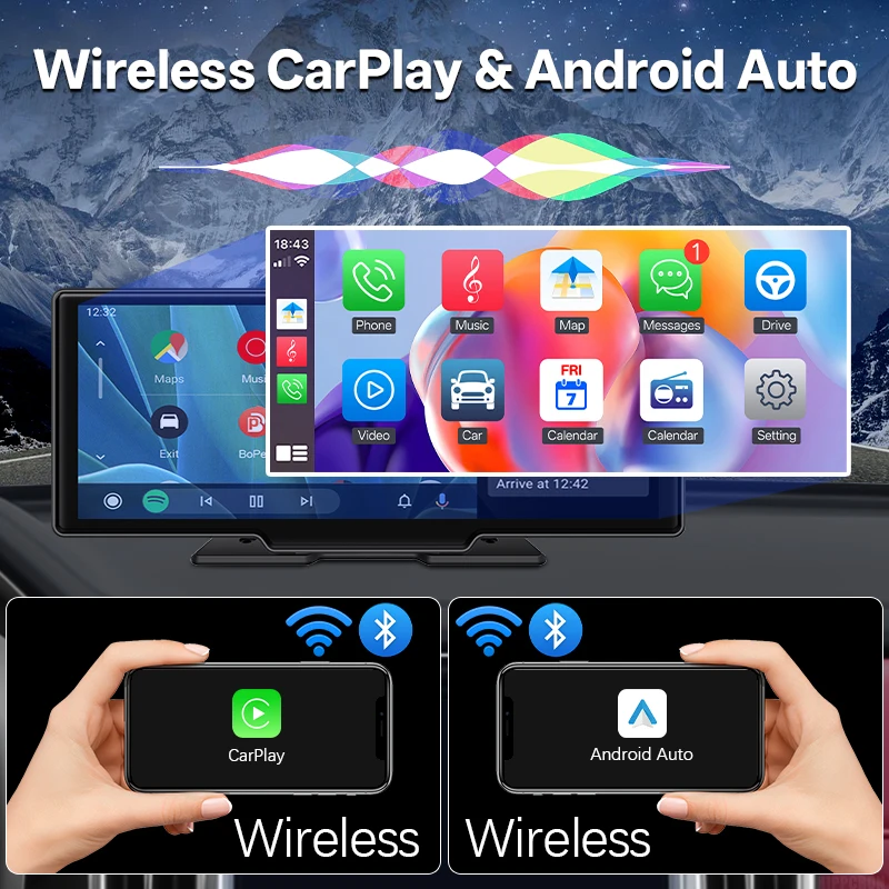 10.26” 4K DVR Portable Car Radio Wireless CarPlay Android Auto Dash Cam IPS Touc