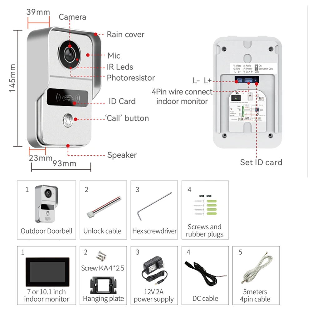 Smart Video Doorbell Tuya Wifi 1080P RFID Wireless Door Viewer Camera Intercom 7 inch Screen Motion Record