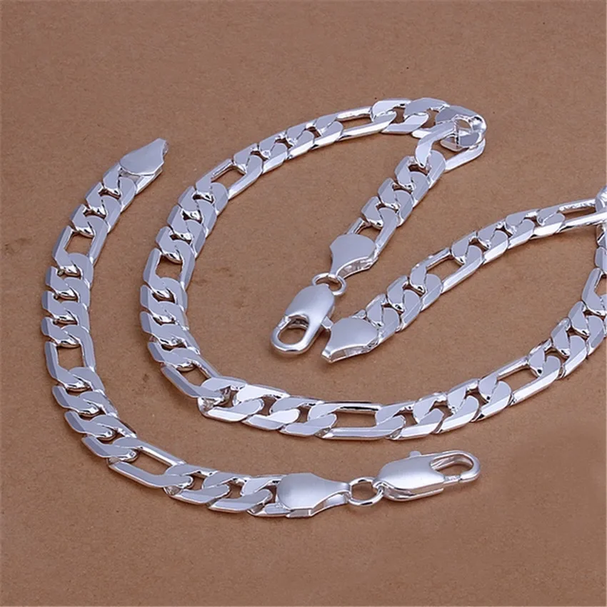 

Hot 925 Sterling Silver Bracelets Necklace Jewelry Set for Men Classic 12MM Chain 18/20/22/24/26/28/30 Inch Fashion Party Gifts