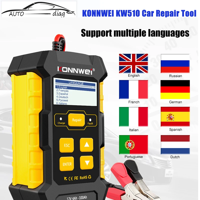 

Тестер автомобильных аккумуляторов KONNWEI KW510, полностью автоматический 12 В, импульсный ремонт, 5 А, зарядные устройства для влажных и сухих аккумуляторов AGM Gel, свинцово-кислотный инструмент для ремонта автомобиля