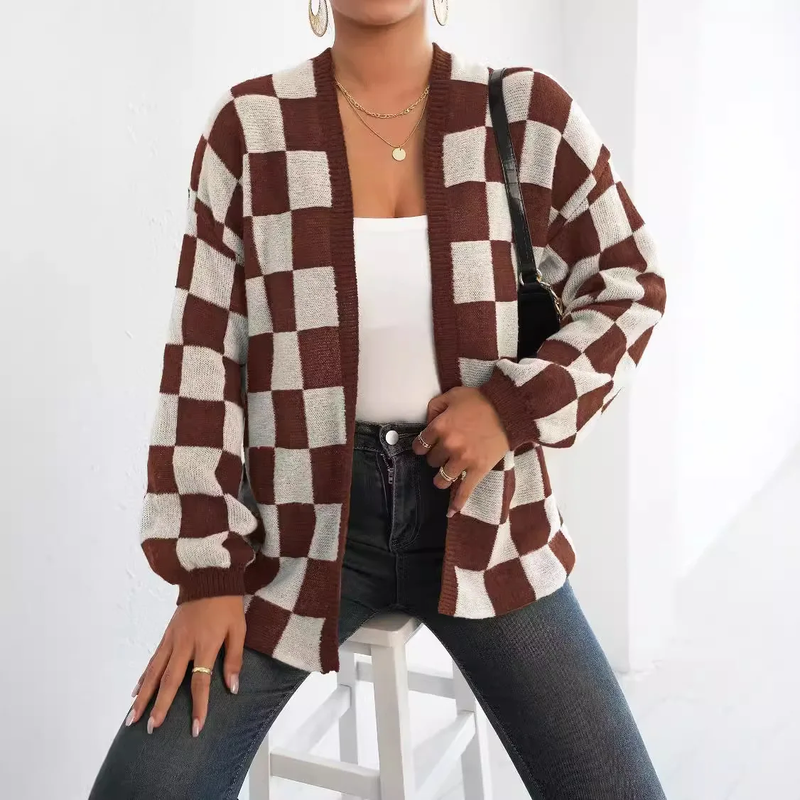 Women Plaid Cardigan Sweater Autumn Spring Loose Knitwear