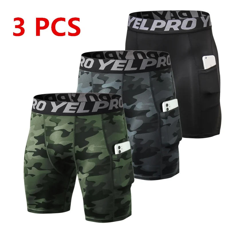 3 Pcs Compression Running Shorts Men With Phone Pocket Quick Dry Short Leggings Gym Fitness