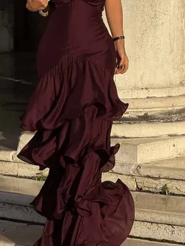 2025 New Ruffle Design High Waist Yacht Dress Cocktail Party Slim Fit Women's Long Dress Sexy V Neck Solid Summer Camisole Dress 1