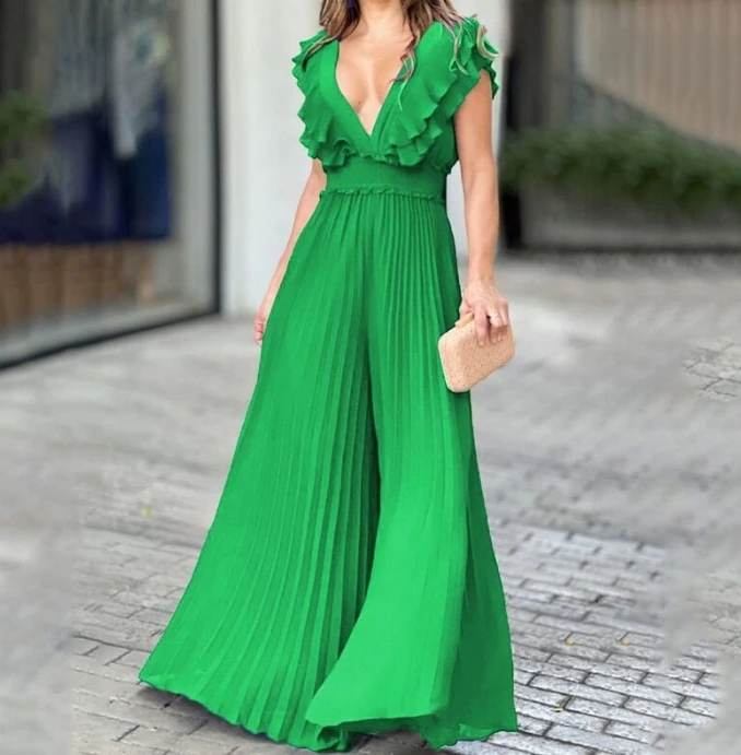 Jumpsuit for Women New Casual Solid Ruffles V Neck High Waist Sleeveless Bodysuit Women Fashion Pleated Wide Leg Jumpsuits