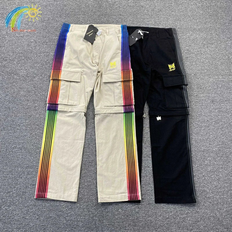 

Khaki Black Needles Pants Men Women 1:1 Yellow Butterfly Embroidery Trousers Rainbow Stripe AWGE Cargo Sweatpants