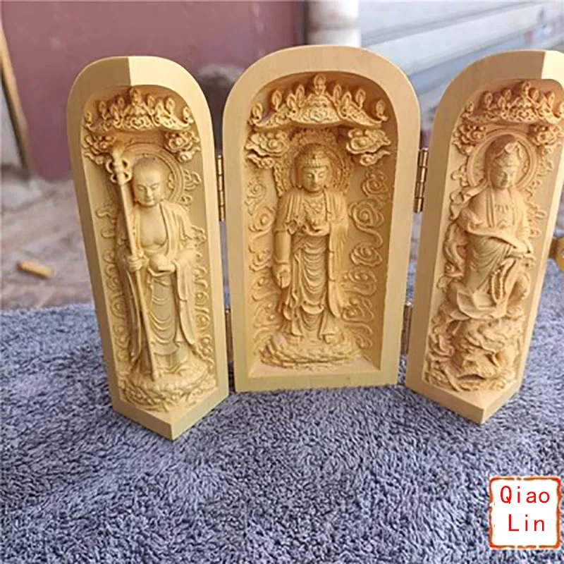 Solid Wood Carving Three Open Buddha Statue, Collapsible Sculpture, Living Room and Bedroom Decoration, Modern Art