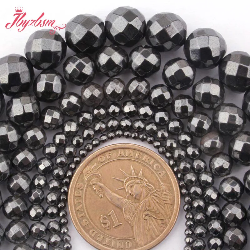 Black Round Faceted Faceted Hematite Stone Spacer Beads for DIY