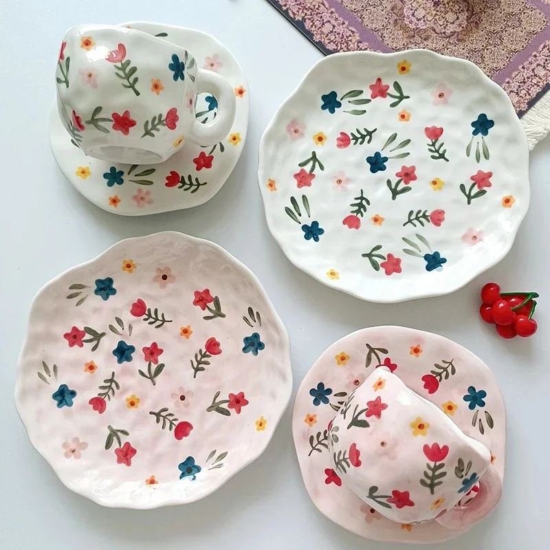 Hand-painted Ceramic Cup Saucer Dishes Irregular Dinner Plates Kitchen Household Flora Pattern Creative Gift