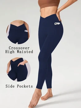 Women's Super Soft Crossover High Waisted Legging With Pockets Tummy Control No See Through Workout Yoga Running Leggings 1