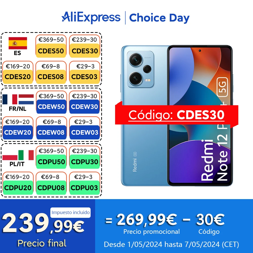 [30€ dto. Código: CDES30] Xiaomi Redmi Note 12 Pro+ 5G Smartphone 8+256GB, MediaTek Dimensity 1080, Pantalla AMOLED de 6,67\