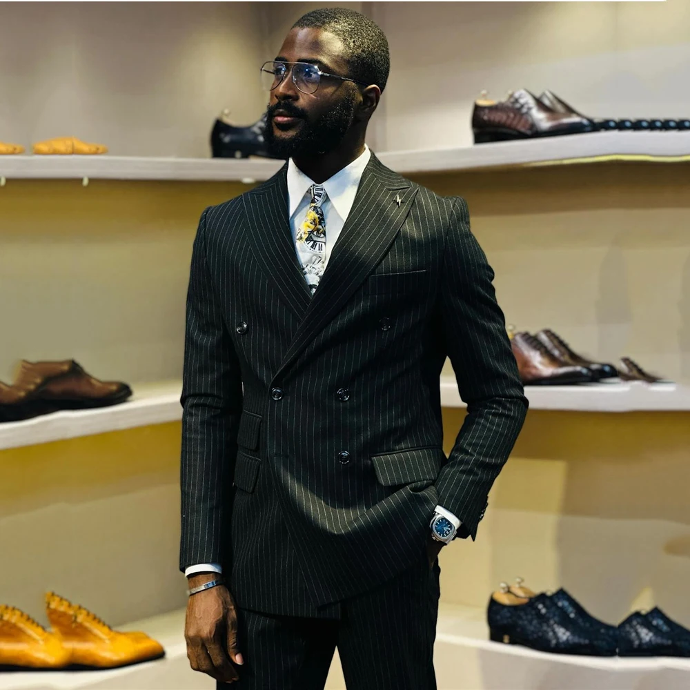 

Black Striped Suits Mens Double Breasted Business Blazer Wedding Groom Tuxedo Slim Fit 2 Piece Jacket Pants Terno Masculino