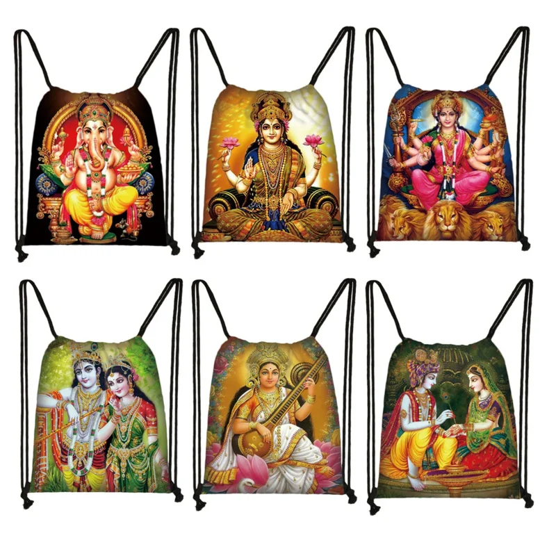 

Indian Gods Vishnu Brahma and Shiva Drawstring Bag Radha Krishna Women Backpack Ganesha Ganapati Shoes Holder for Travel Gift