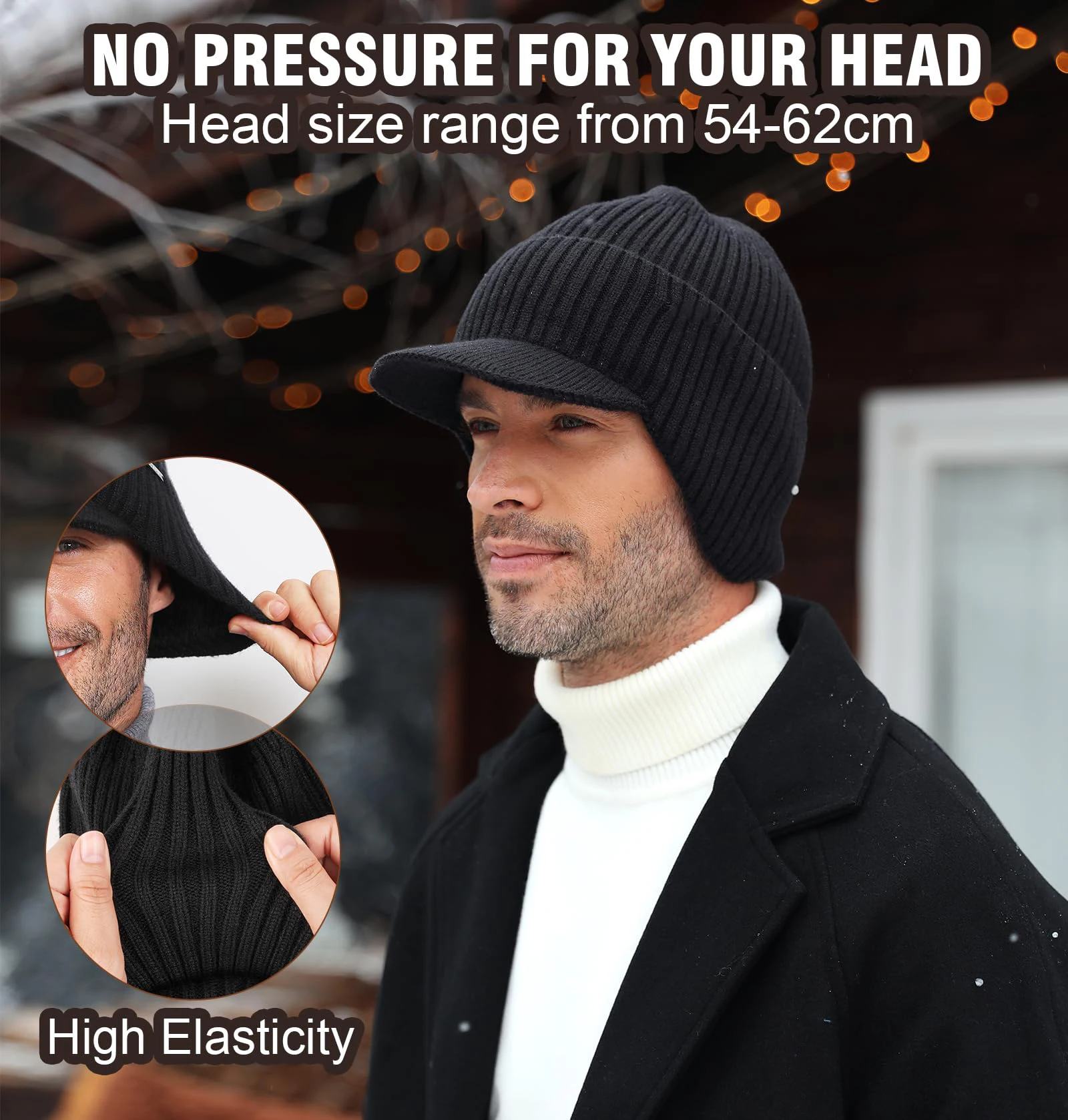 Winter Beanie with Brim and Ear Flaps, Outdoor Warm Fleece Lined Knit Hat Stocking Caps for Men Women