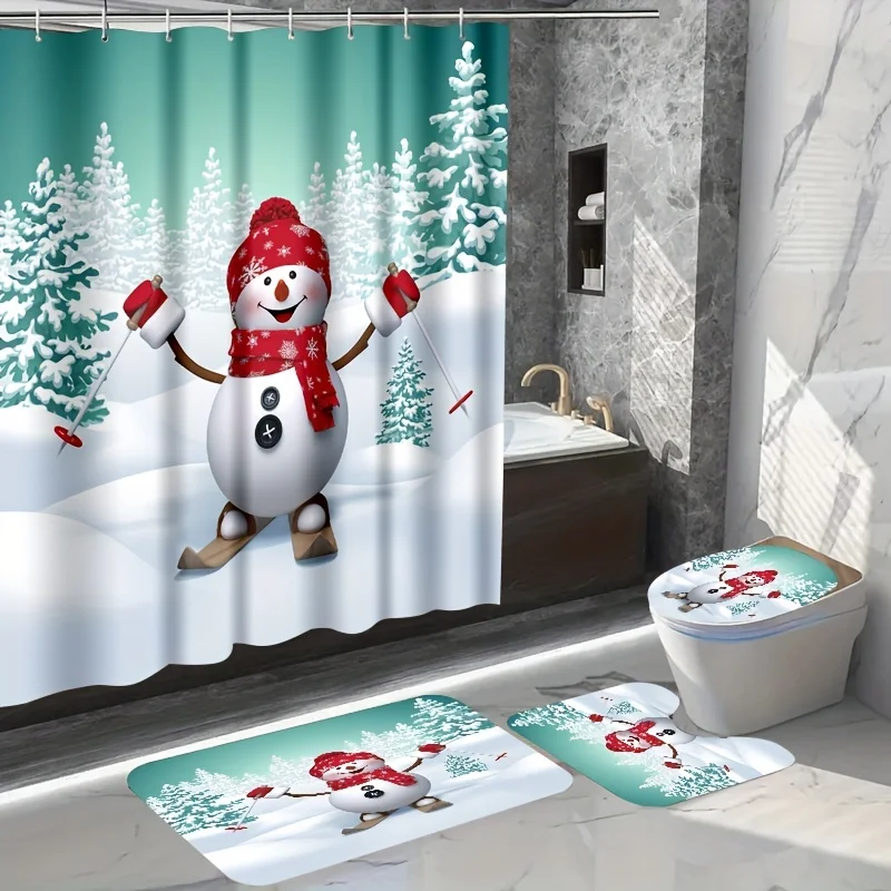 

4Pcs/set Christmas Snowman Print Shower Curtain Set Carpet Art Rug for Bedroom Soft Fluffy Bathroom Rug Nonslip Mat Home Decor