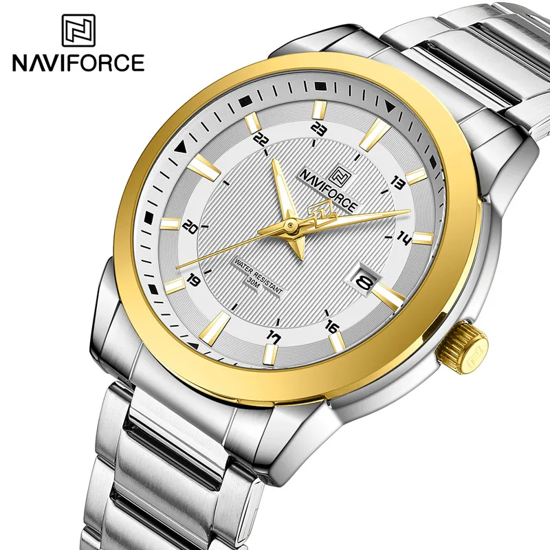NAVIFORCE jam tangan pria, jam tangan Stainless Steel kasual anti