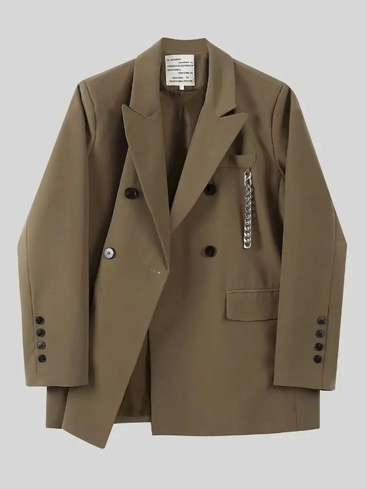 Women's Oversized Jacket Brown Pocket Big Size Blazer New Lapel Long Sleeve Loose Fit Fashion Tide Spring Autumn 2022 No |
