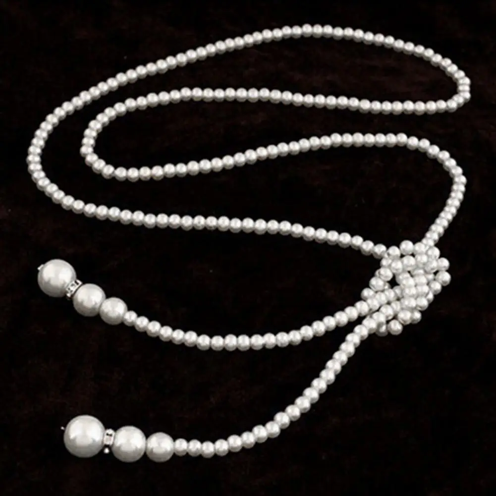 SweaterNecklaceWhiteColorKnottedBeadedLongTasselNeckChain