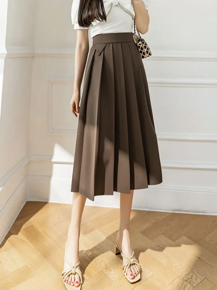 2022 Spring Summer Women's Elegant Pleated Suit Skirts High Waist Fashion Office Ladies Elastic Waist A-line Midi Skirt Vintage brown skirt Skirts