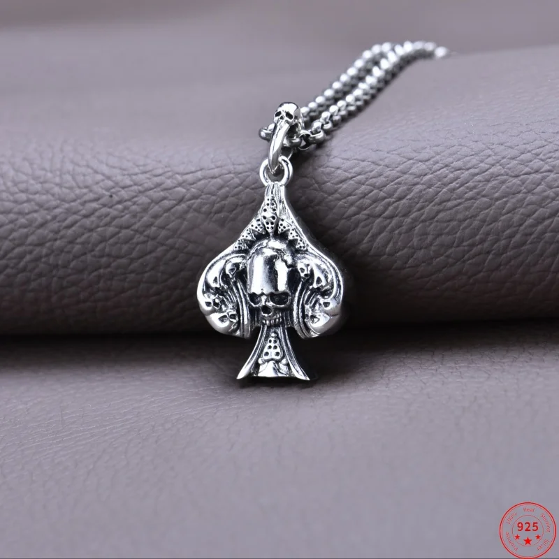 

S925 Sterling Silver Charms Pendants for Men Women Fashion Ace of Spades Skull-head Dark Jewelry Free Shipping