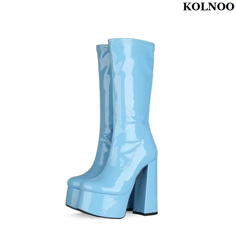 

Kolnoo New Handmade Classic Women's Chunky Heels Boots Patent Leather Platform Night-club Sexy Booty Evening Fashion Prom Shoes