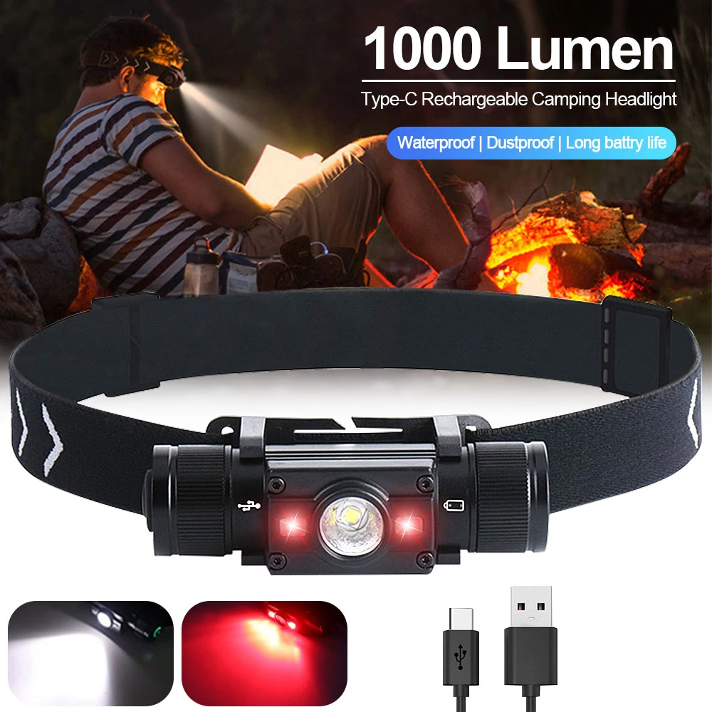 

16W 1000 Lumens 3LED L2+2 XPE Headlamp Green/Red+White 7-Modes Headlight Outdoor Waterproof IPX6 Type-C Rechargeable Lantern