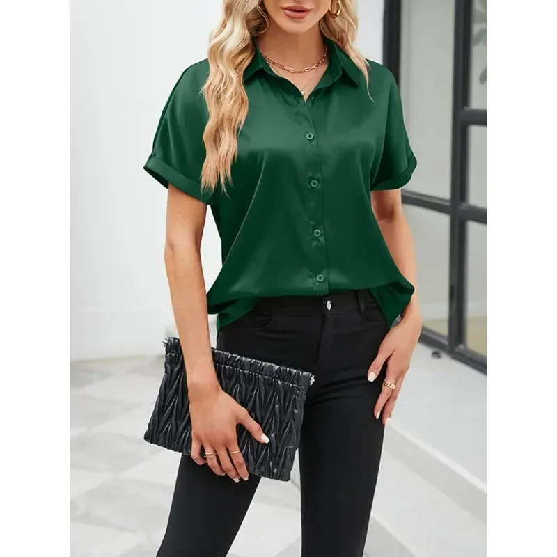 

Muslim Dubai Women Casual Modest Tops Abayas For Women Fashion Solid Satin Blouse Short Sleeve Button Up Shirt Islamic Clothing