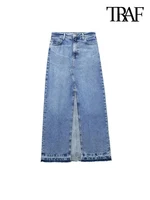 TRAF-تنورة نسائية متوسطة الطول بفتحة أمامية مع جيوب ، عتيقة ، خصر مرتفع ، ذبابة بسحاب ، موضة نسائية 1