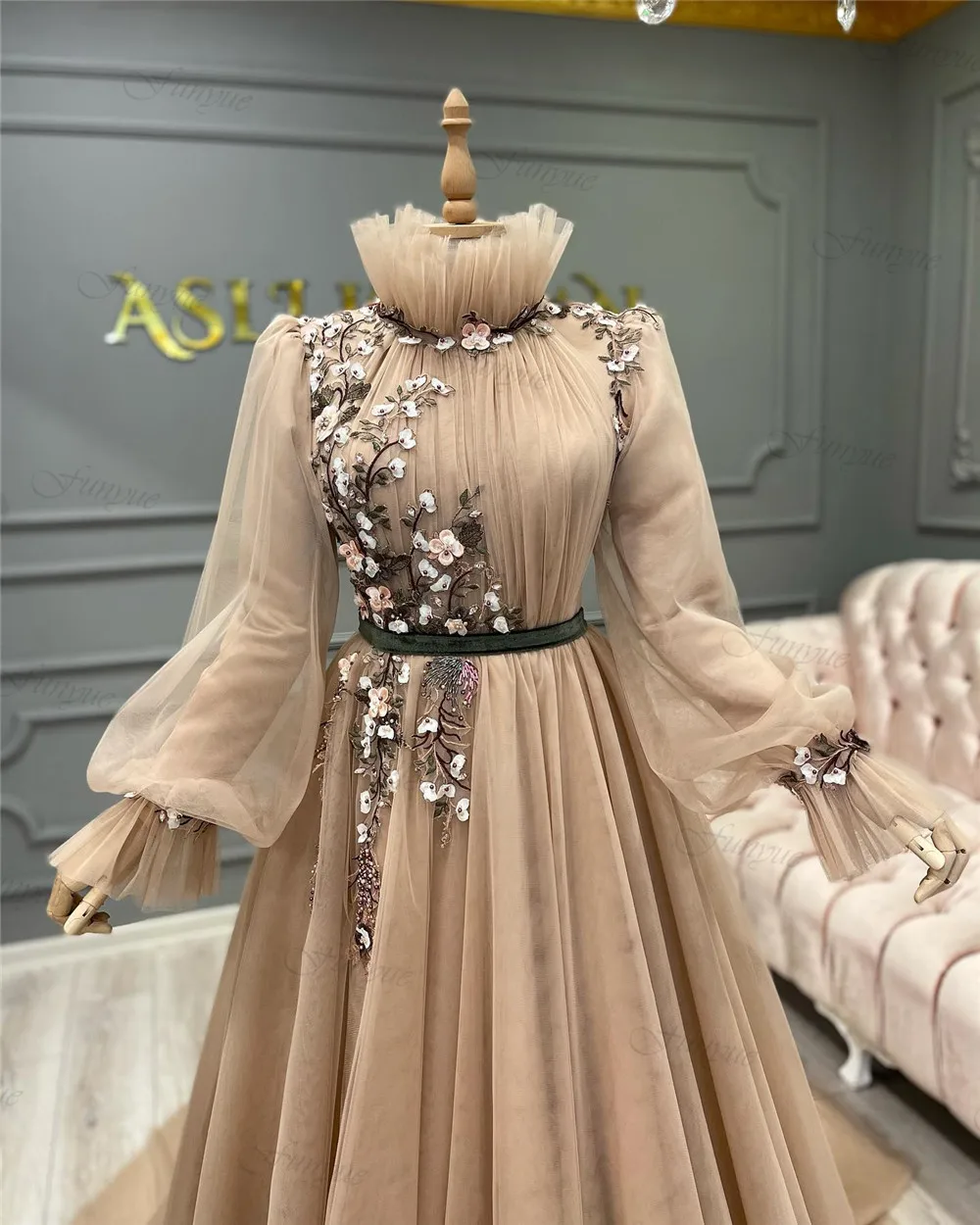 Champagne A-Line Muslim Prom Dresses Flowers Lace Long Sleeve Formal Party Dresses Women Evening Gowns Robe De Soirée De Mariage yellow prom dresses